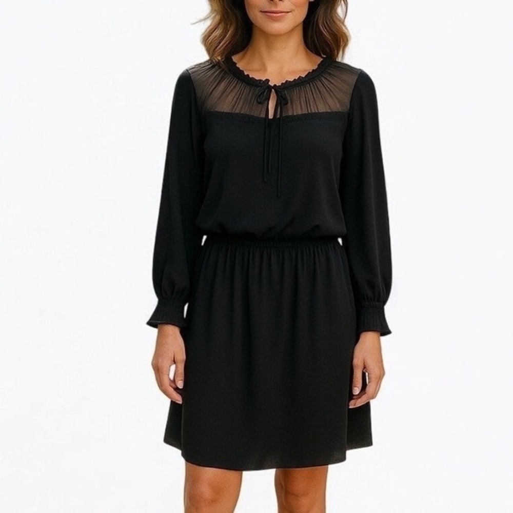 Women Black‎ Long Sleeve Mesh Yoke Mini Dress Elastic Waist Blouson L